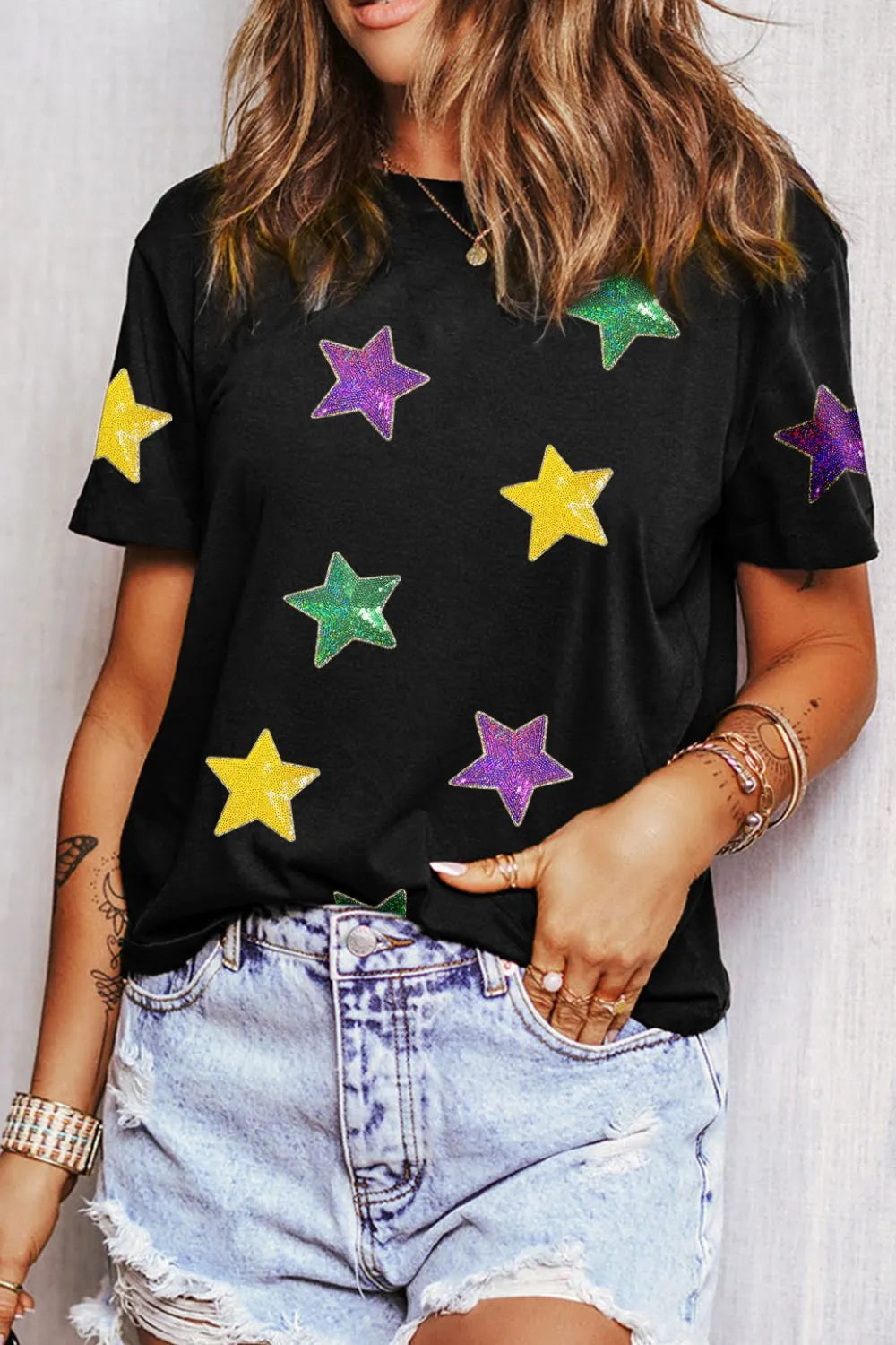 Trendy Sequin Stars Patched Round Neck T-Shirt - Soft Stretch Fabric, Opaque Design