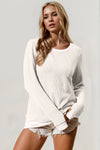 Double Take Corded Rib Thumbhole Cuff Round Neck T-Shirt White