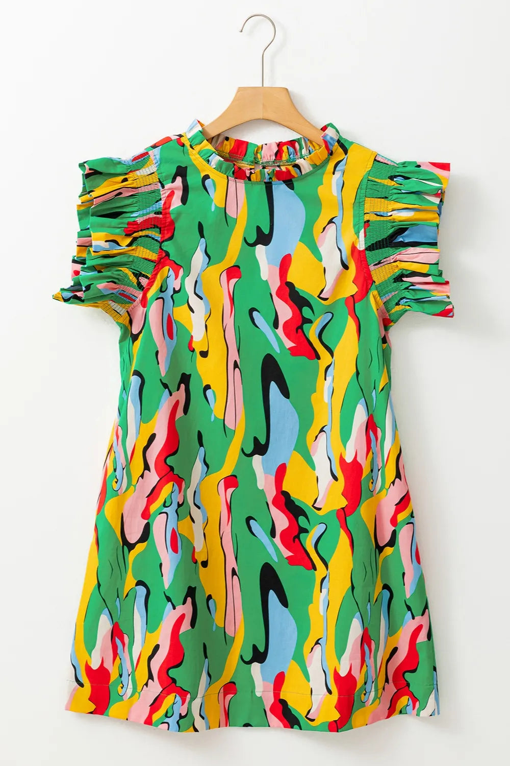 Trendy Ruffled Mini Dress with Cap Sleeves - 100% Cotton, Opaque, Machine Washable