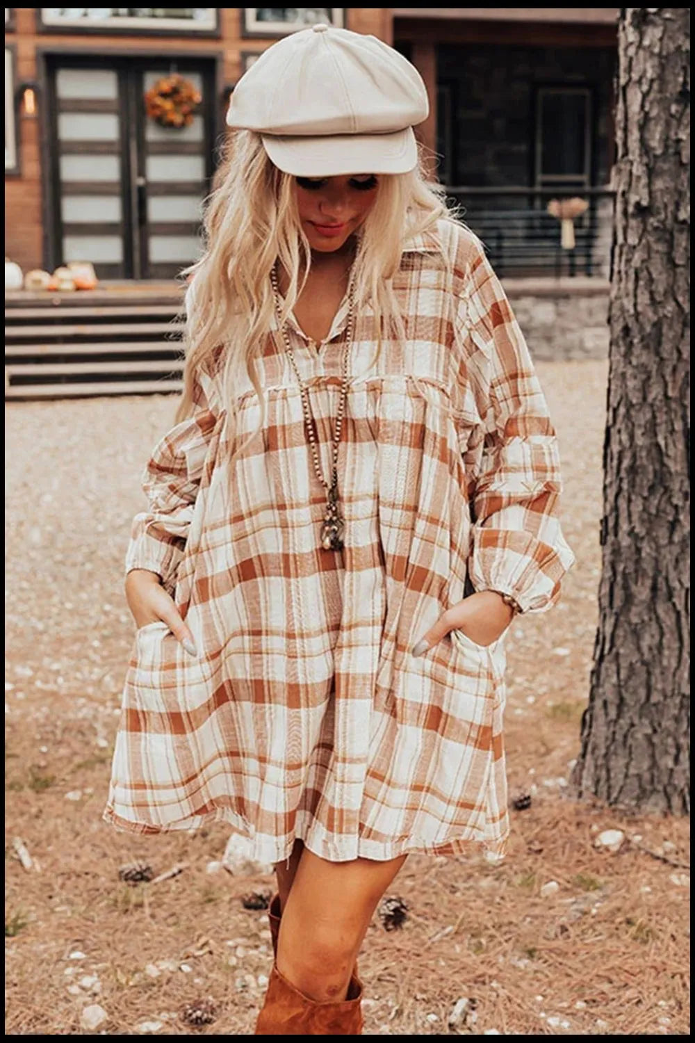 Plaid Collared Neck Long Sleeve Mini Dress - Opaque, Stretchy Cotton, Perfect for Every Occasion