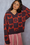 POL V-Neck Heart Pattern Checkered Sweater CHARCOAL BURGUN