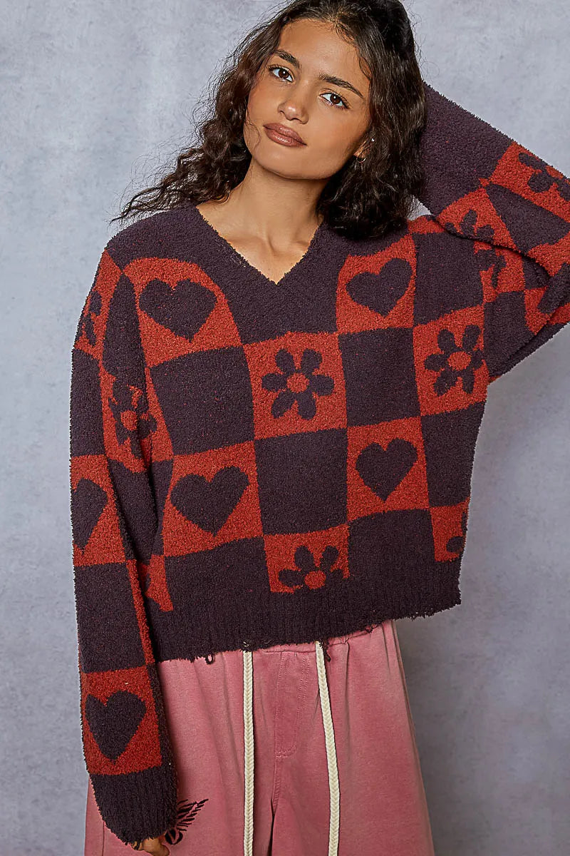 Cozy Oversized V-Neck Heart Pattern Checkered Sweater in Red & Burgundy - Vintage-Inspired Knit