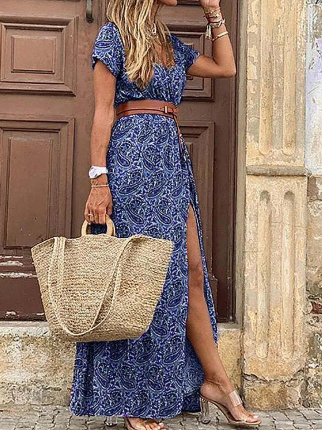 Full Size Printed V-Neck Short Sleeve Maxi Dress Plus Size - Store 42