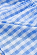 Gingham Short Sleeve Button Tie Split Neck Loose Mini Dress