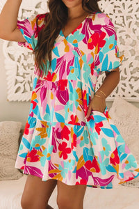 Floral Bubble Sleeve V Neck Tiered Ruffle Babydoll Dress