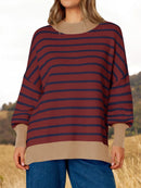 Striped Round Neck Long Sleeve Sweater Wine Red