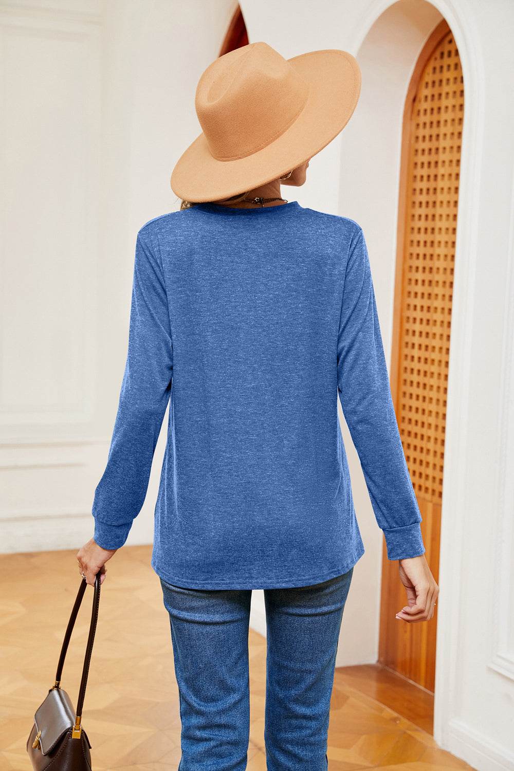 Trendsi Buttoned Notched Neck Long Sleeve Top - Slightly Stretchy Opaque Fabric
