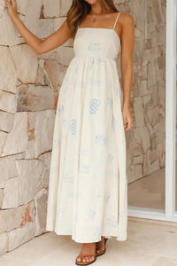 Cutout Back Printed Square Neck Maxi Cami Dress White
