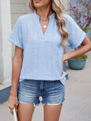 Trendy Eyelet Notched Short Sleeve Top in 65% Rayon - Stylish & Versatile Women's Wear - Store 42