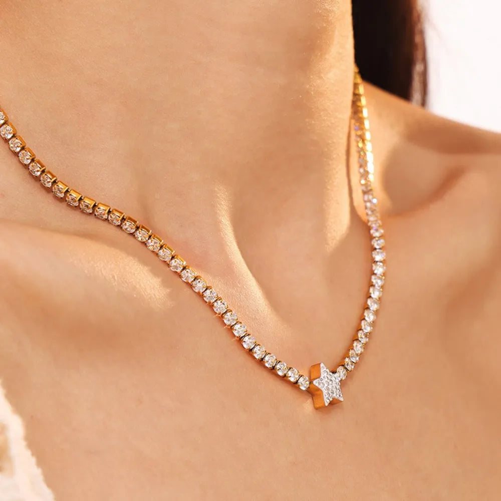 18K Gold-Plated Titanium Steel Zircon Star Necklace with 15 Inch Adjustable Chain