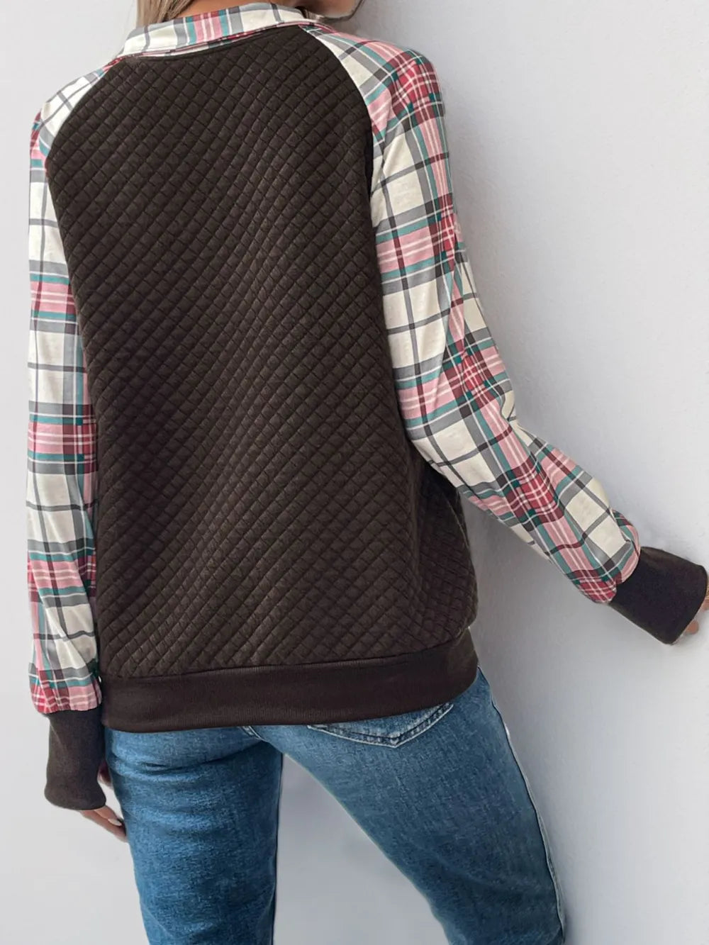 Perfee Plaid Half Zip Long Sleeve Sweatshirt with Pockets - Slightly Stretchy Opaque Fabric