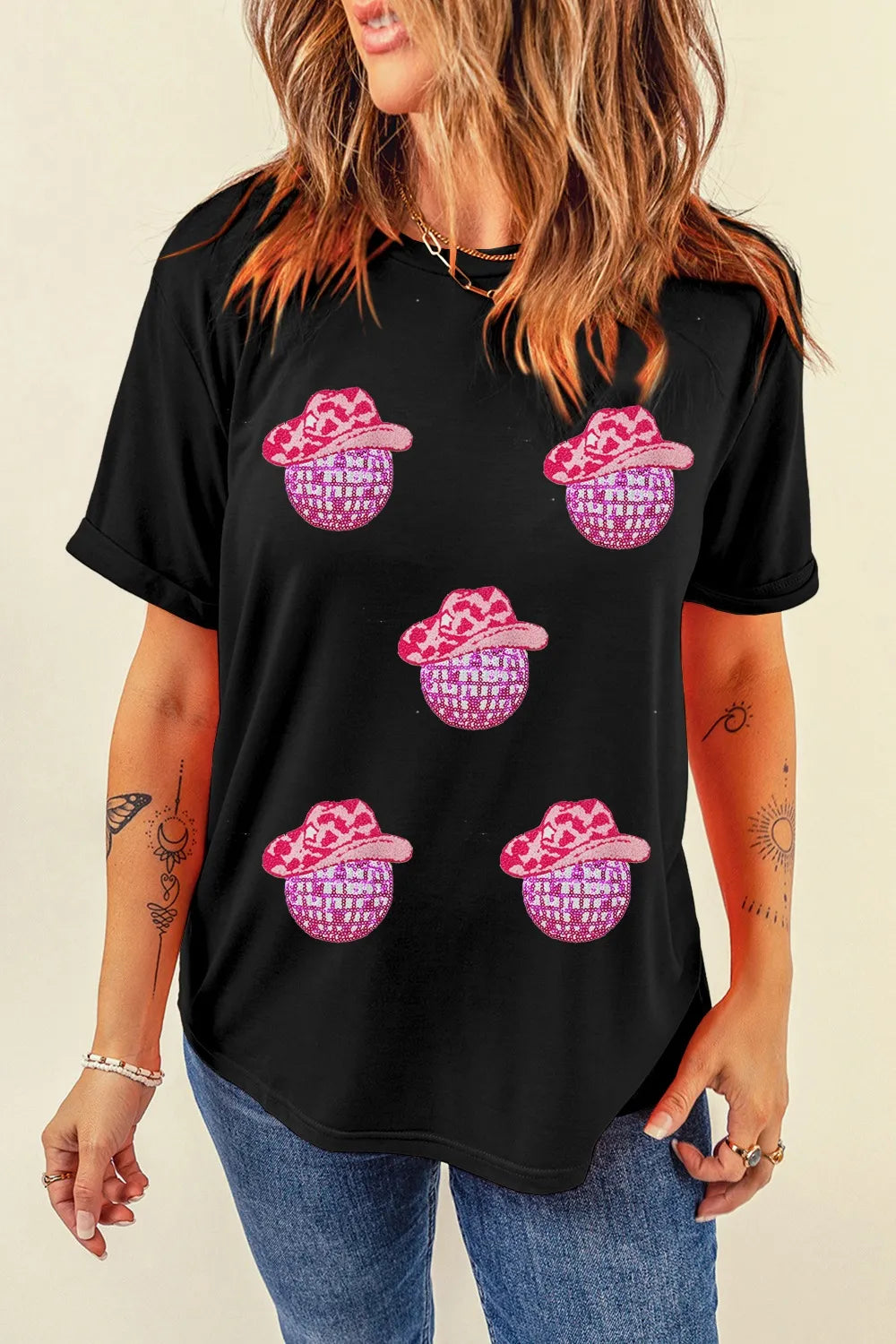 Cowboy Hat Disco Ball Round Neck T-Shirt - Opaque, Slightly Stretchy, Unique Style