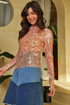 Davi & Dani Sequin Mock Neck Long Sleeve Mesh Top Orange