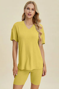 Basic Bae Full Size Ribbed V-Neck Short Sleeve Top and Shorts Set Yellow