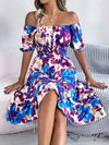 Ruffled Hem Smocked Floral Short Sleeve Midi Dress Blue