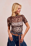Fitted Leopard Print High Neck Mesh Top With Short Sleeves – Comfortable & Stylish - Store 42