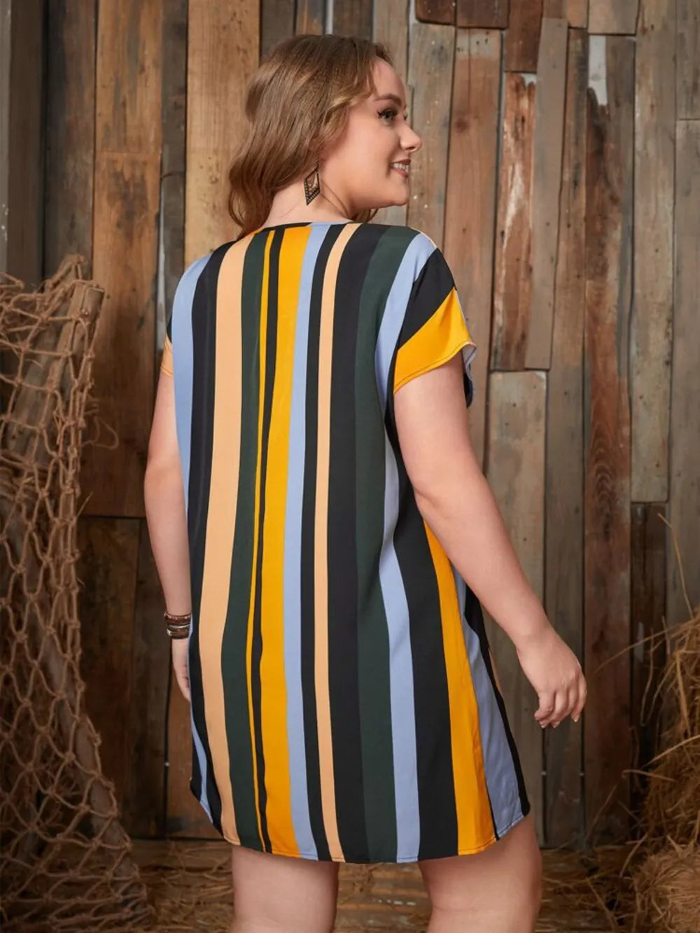 Trendsi Plus Size Striped Mini Dress with Short Sleeves and Moderate Stretch
