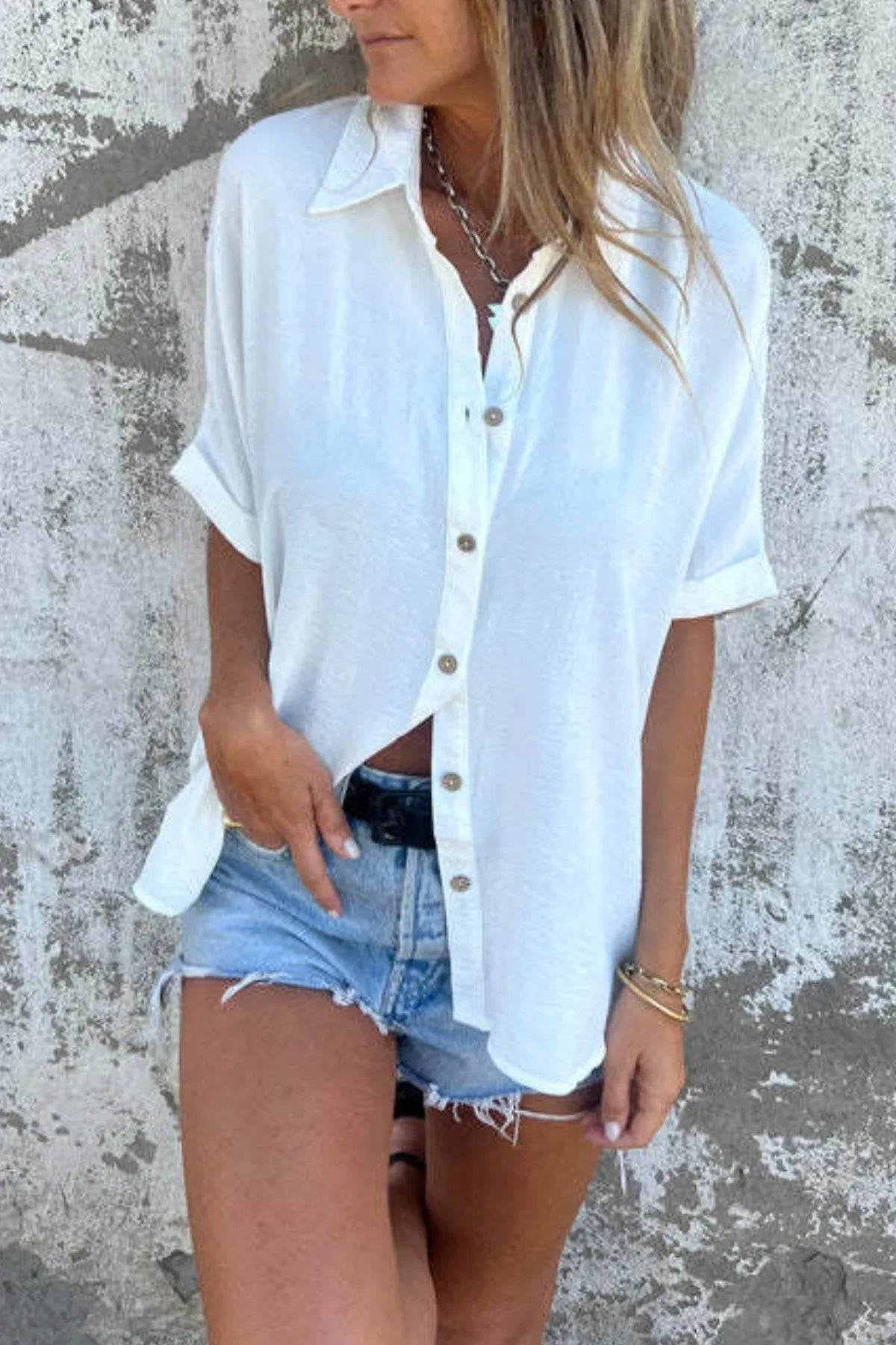 Full Size Casual Button Down Short Sleeve Loose Shirt Plus Size - Store 42