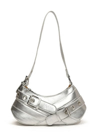 PU Leather Buckle Shoulder Bag Silver One Size