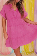 Mineral Wash Crinkle Split Neck Raw Hem Tiered Dress