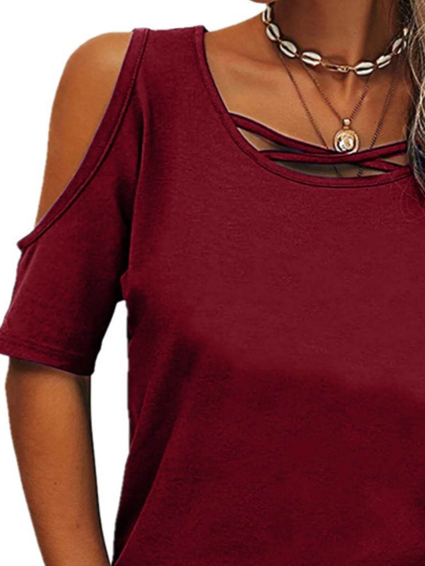 Full Size Crisscross Cold Shoulder Casual T-Shirt Plus Size - Store 42
