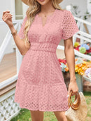 Eyelet Notched Short Sleeve Dress Blush Pink