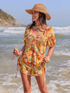 Smocked Printed Tie Neck Romper Tangerine