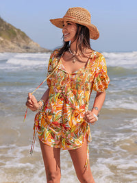 Smocked Printed Tie Neck Romper Tangerine