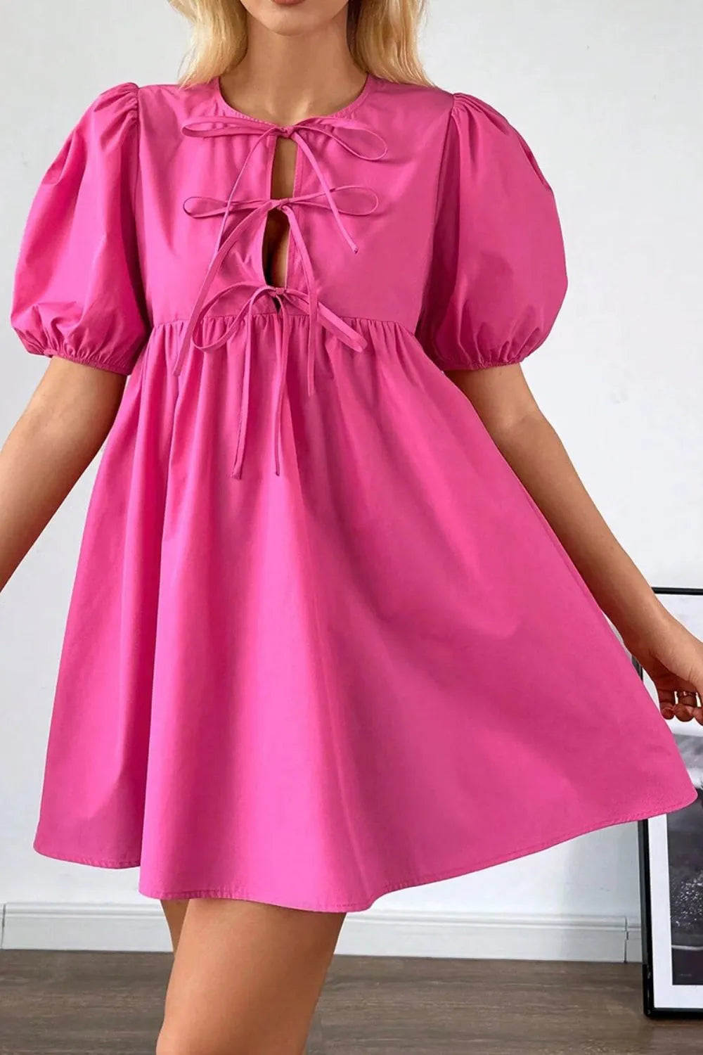 Puff Sleeve Tie Front Mini Dress in 100% Cotton - High Waist, Opaque & Unlined Style