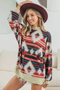 BiBi Aztec Print Mock Neck Long Sleeve Top - Oversized, Soft Cotton Blend, Tribal Chic - Store 42
