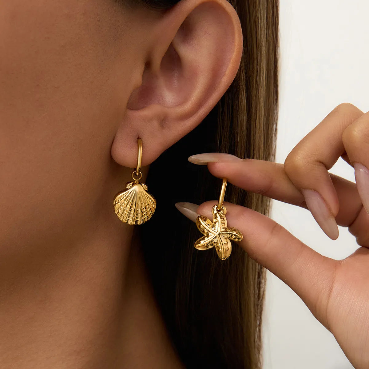 18K Gold-Plated Vintage Seashell And Starfish Drop Earrings - Elegant Beach-Inspired Jewelry