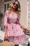 Perfee Bohemian Frill Trim V-Neck Dress Pink