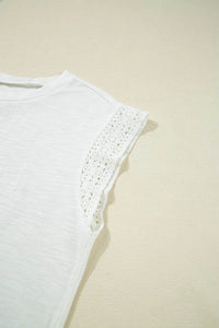 Lace Patchwork Cap Sleeve T-Shirt with Round Neck - Soft Polyester Cotton Blend - Store 42