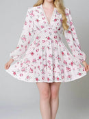 Full Size Floral V-Neck Long Sleeve Mini Dress Plus Size - Store 42