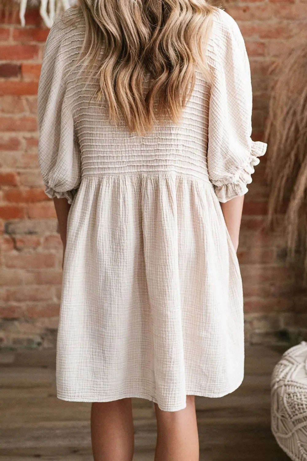 Chic Textured Ruffled Puff Sleeve Loose Dress in Slightly Stretchy Fabric - Comfortable & Stylish