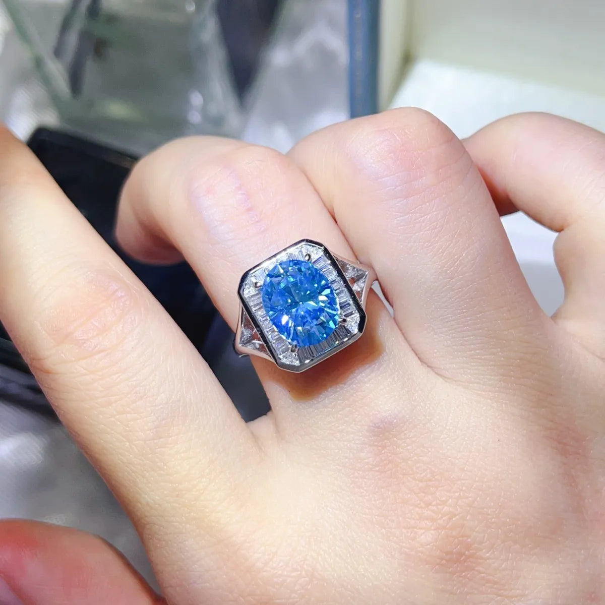 3 Carat Moissanite Square Ring in Platinum-Plated Sterling Silver with Accent Zircon