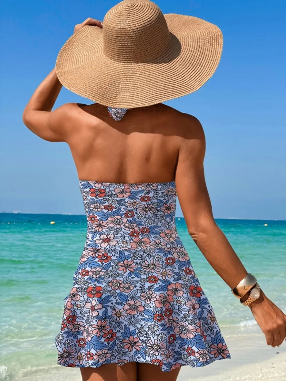 Stylish Cutout Printed Halter Neck One-Piece Swimwear with Removable Padding