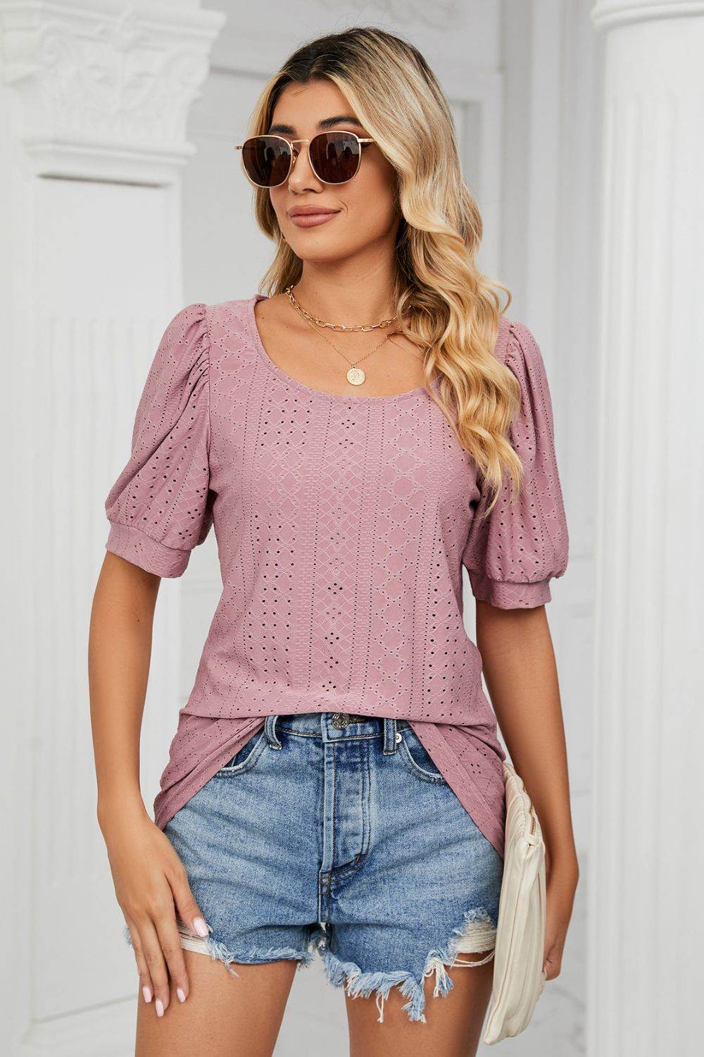 Trendsi Eyelet Puff Sleeve Top - Casual Solid Round Neck Design for Stylish Comfort - Store 42