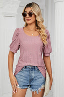 Trendsi Eyelet Puff Sleeve Top - Casual Solid Round Neck Design for Stylish Comfort - Store 42
