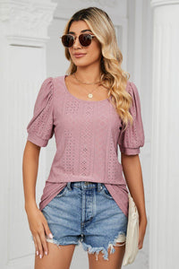 Trendsi Eyelet Puff Sleeve Top - Casual Solid Round Neck Design for Stylish Comfort - Store 42