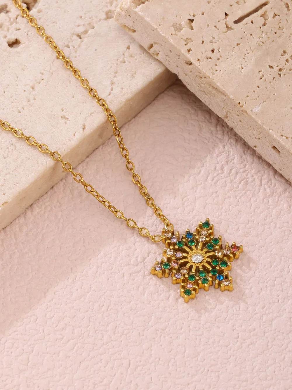18K Gold-Plated Stainless Steel and Zircon Snowflake Necklace - Elegant Winter Jewelry