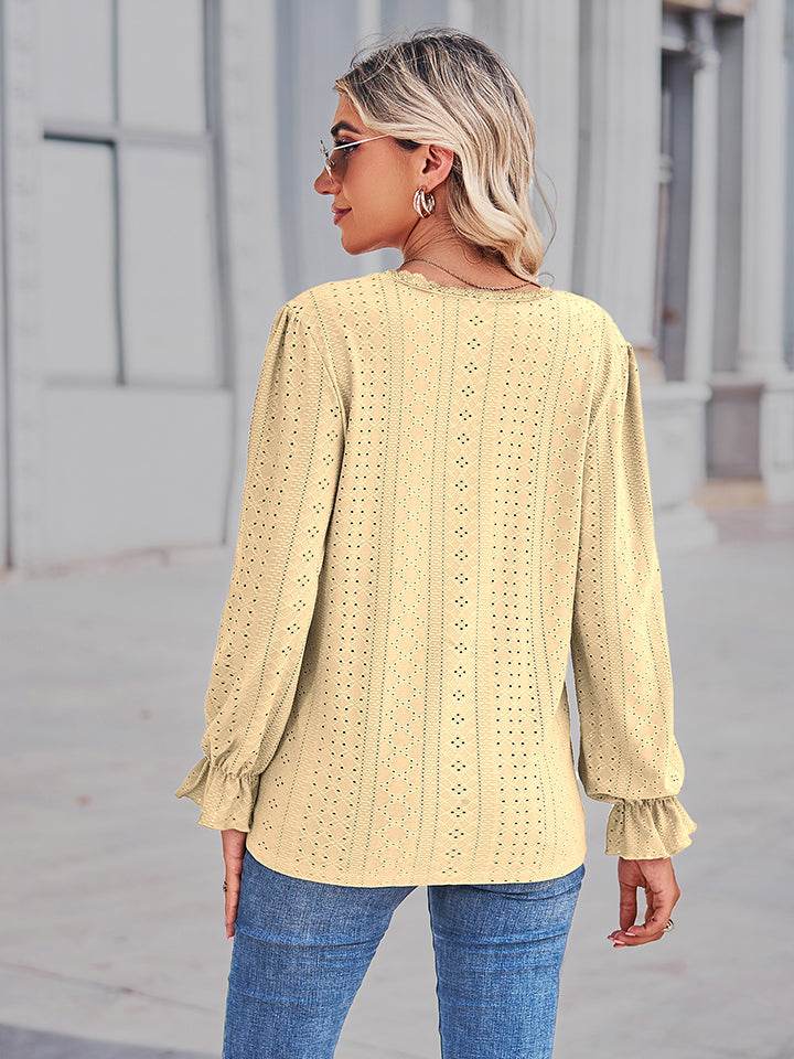 Elegant Eyelet V-Neck Blouse with Flounce Sleeves - Slightly Stretchy Cotton Blend