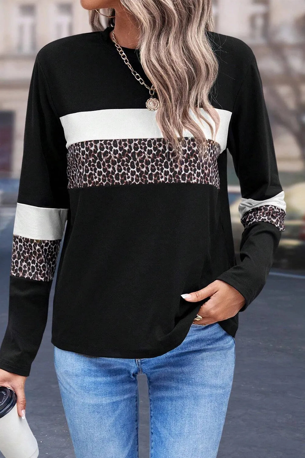 Sleek Leopard Print Long Sleeve Blouse with Round Neck - Slightly Stretchy Cotton Blend