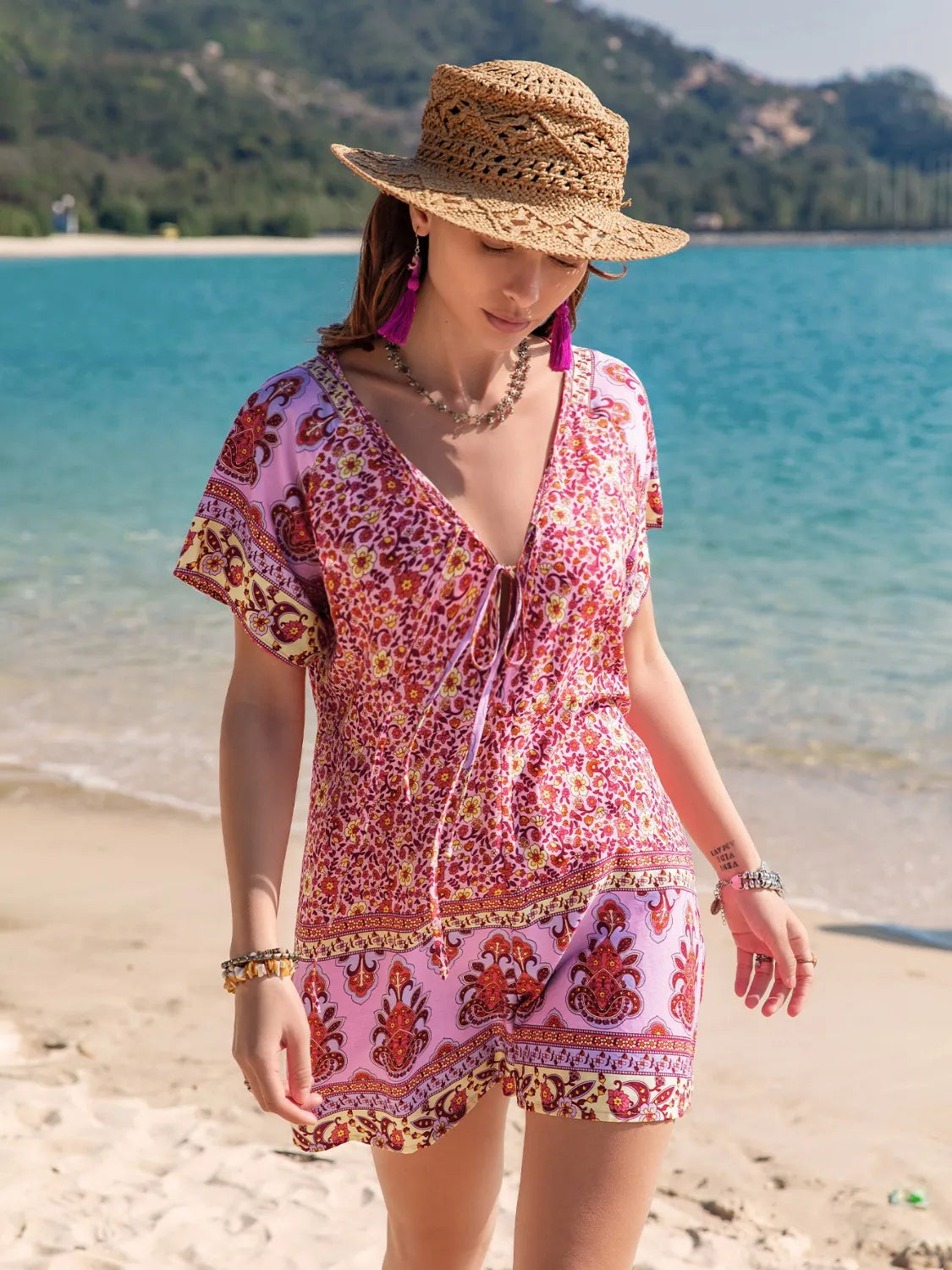 Floral Printed V-Neck Short Sleeve Romper with Tied Detail - Soft 100% Viscose Material