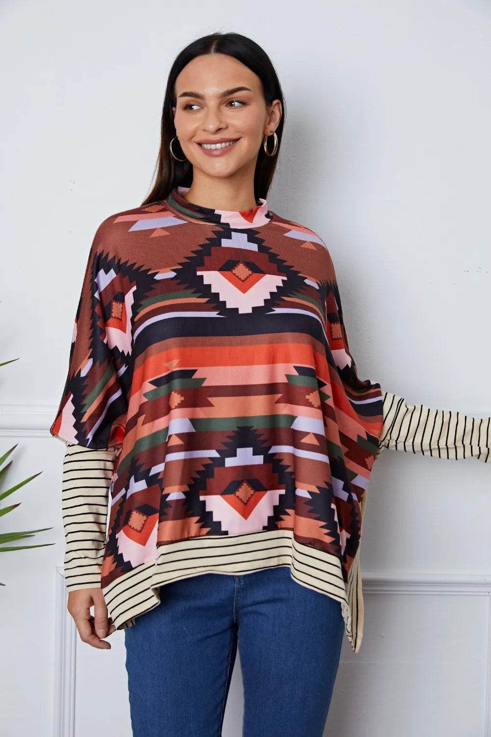 Trendy Geometric Striped Round Neck Blouse - Slightly Stretchy & Opaque Fabric, 95% Polyester