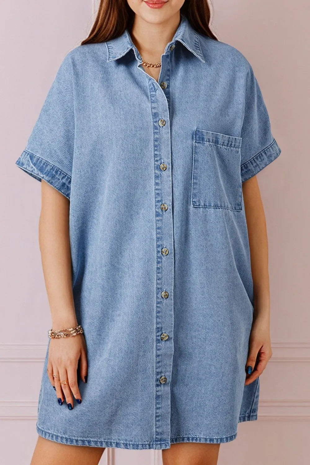 Button Down Short Sleeve Denim Dress with Pockets for Women – 82% Cotton, Classic Fit