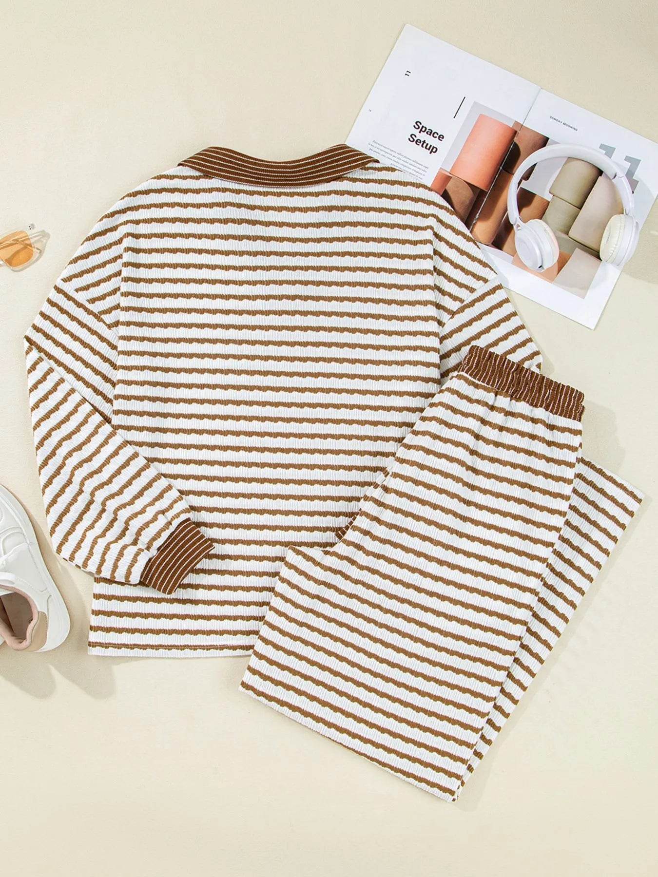 Sleek Stripe Collared Two-Piece Top and Drawstring Pant Set for Effortless Style - Store 42