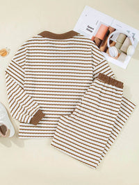 Sleek Stripe Collared Two-Piece Top and Drawstring Pant Set for Effortless Style - Store 42