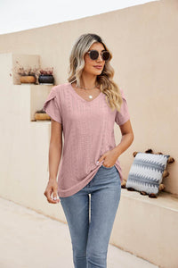 Trendsi Eyelet Petal Sleeve V-Neck Casual Knit Top - Solid Colors, Slightly Stretchy, Long Length - Store 42