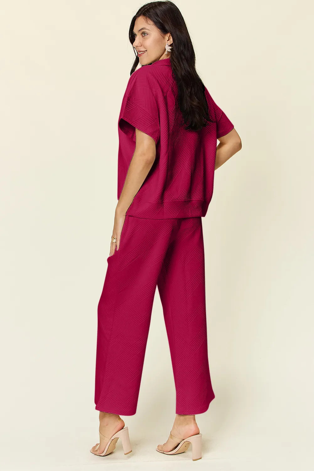 Double Take Full Size Texture Half Zip Short Sleeve Top and Pants Set Hot Pink